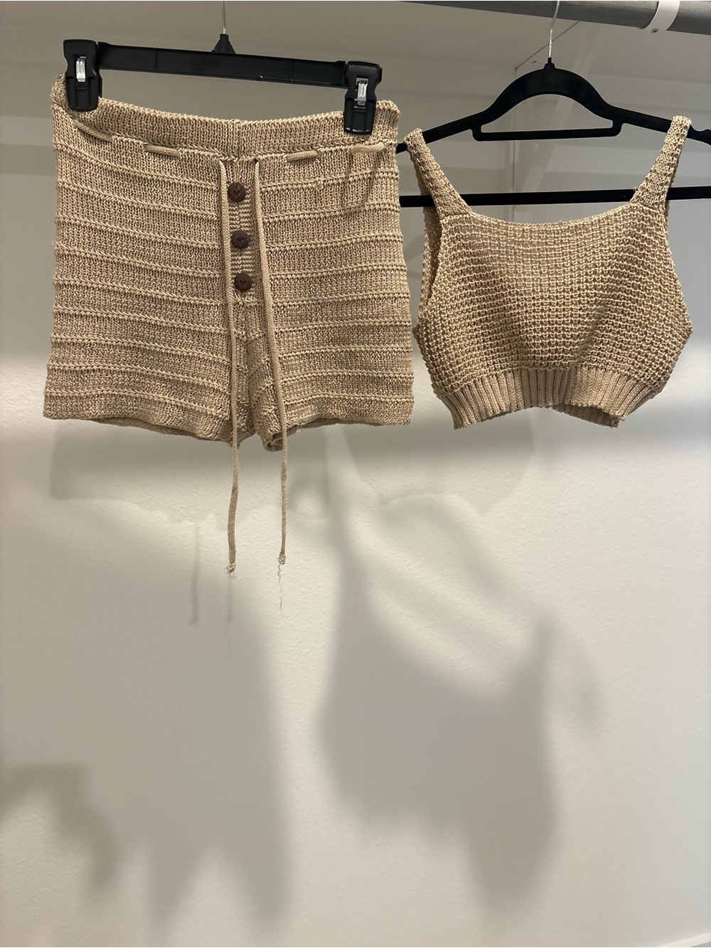Beige Knit Two-Piece Set - Cropped Tank + High-Waist Button Shorts